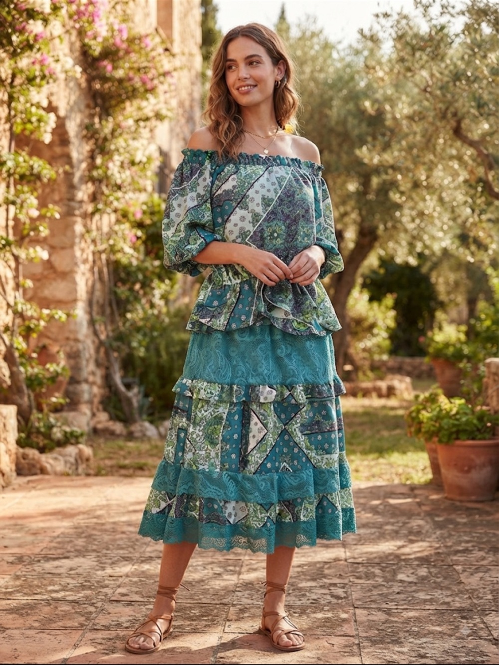 sofia by sofia vergara Teal Patchwork Tiered Midi Skirt
